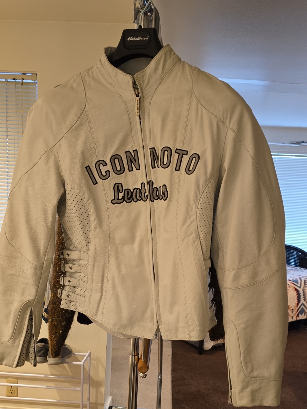 ICON White Leather Jacket with Embroidered Logo